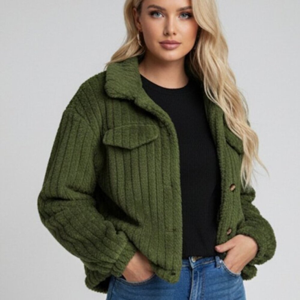 Teddy Front Button Long Sleeve Jacket Green